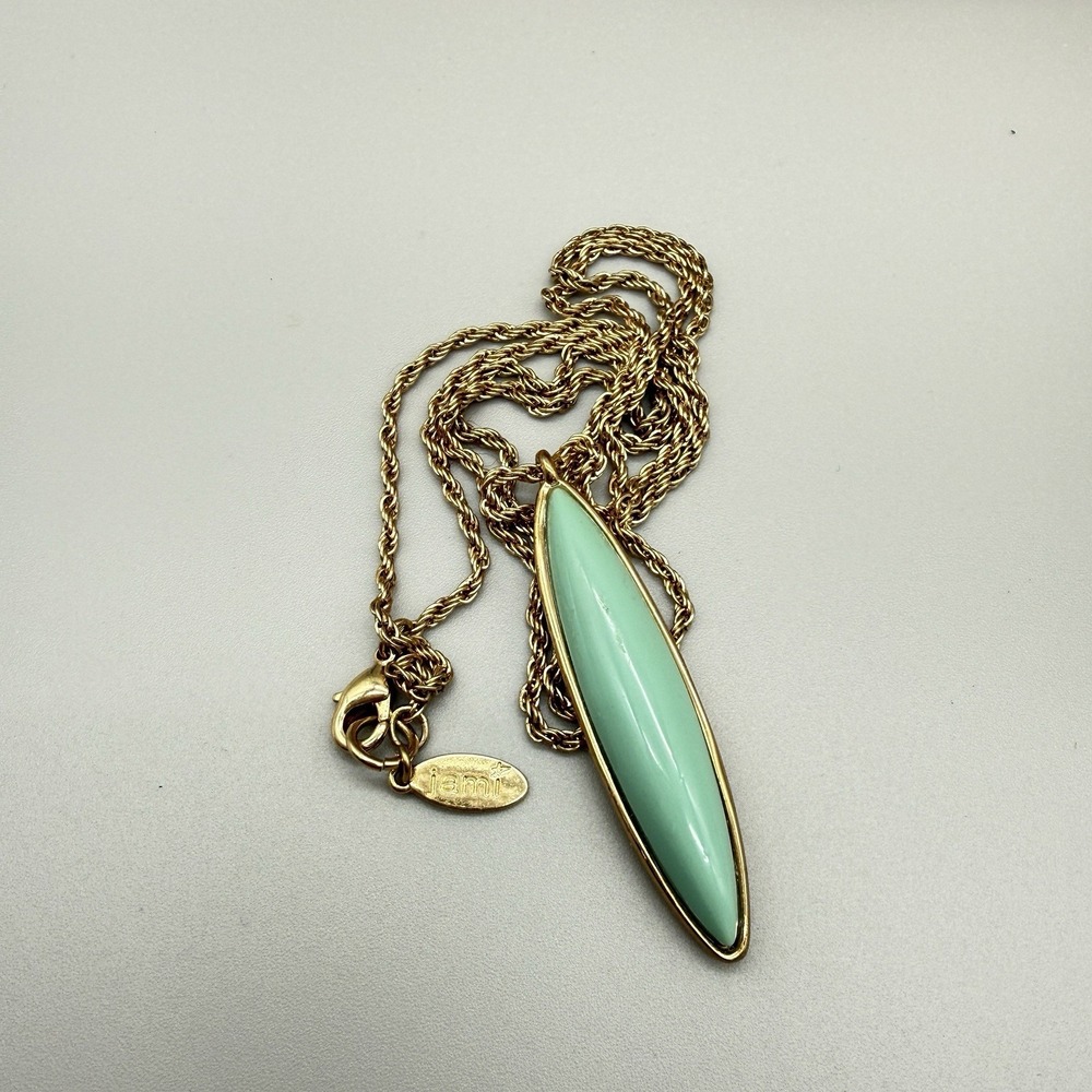 Jami Signed Long Gold Tone Necklace Aqua Elongated Pendant 15" Drop